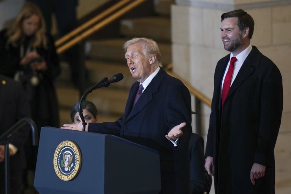 El Presidente Donald Trump da un segundo discurso en el Salón de la Emancipación en el Centro de Visitantes del Capitolio, el 20 de enero del 2025.