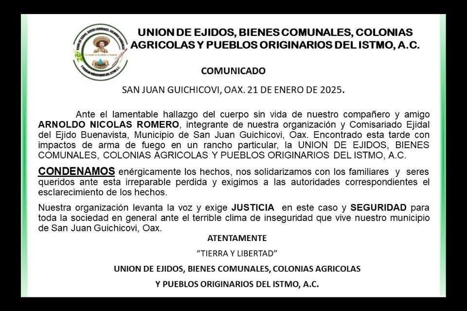 La Unión de Ejidos, Bienes Comunales, Colonias Agrícolas y Pueblos Originarios del Istmo A.C. exigió que se esclarezcan los hechos, así como seguridad para pobladores del Istmo