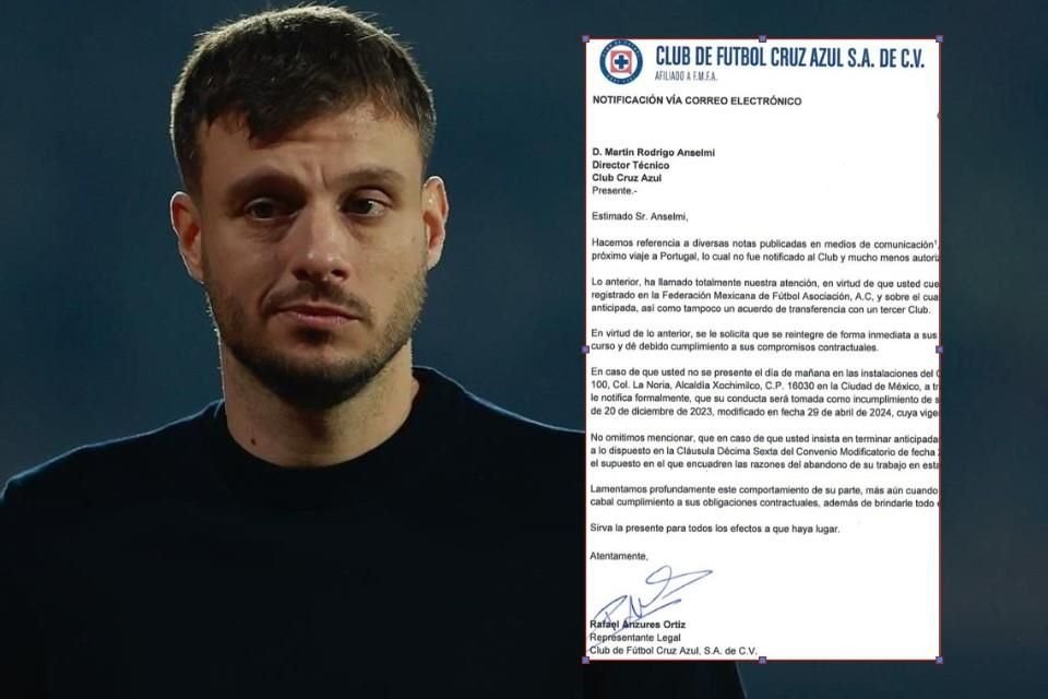 El equipo legal de Cruz Azul tomará acciones en caso de que Martín Anselmi no se presente a trabajar, pues no hubo desvinculación de contrato