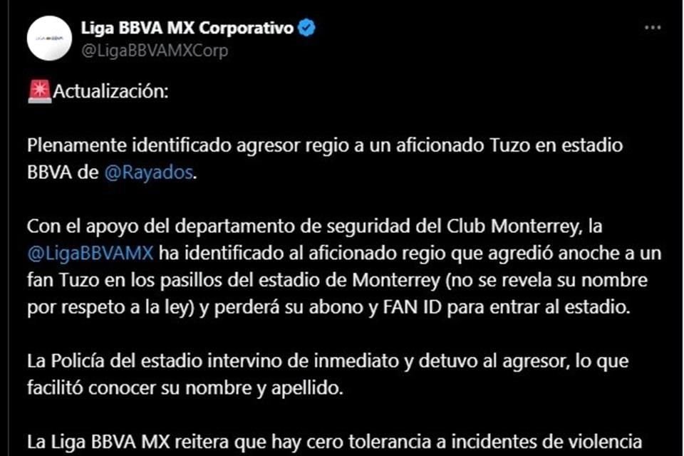 La Liga MX informó que hubo un detenido por agresión luego del encuentro.