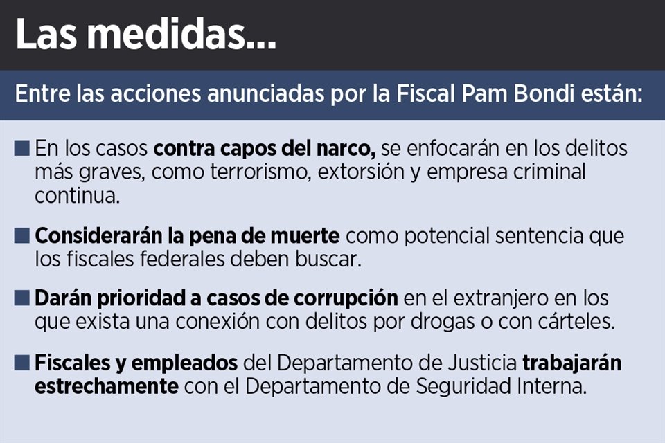 La Fiscal General de EU, Pam Bondi, ordenó al Departamento de Justicia adoptar la 'eliminación total' de cárteles del narcotráfico.