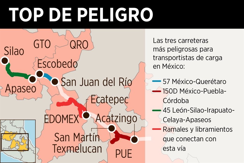 Mapa de las carreteras más peligrosas en la Zona Centro del País.