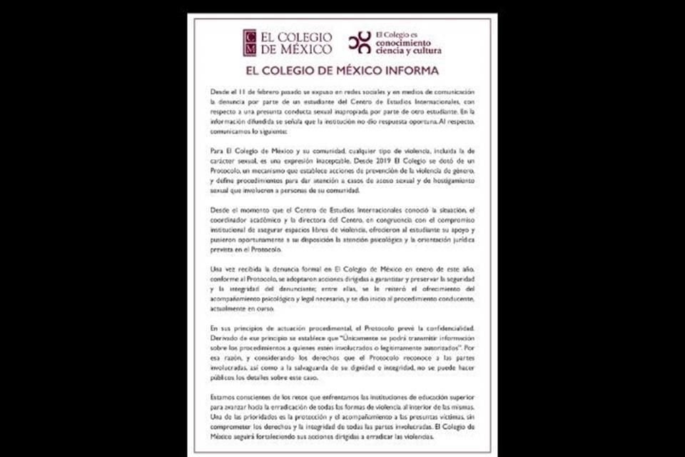 El Colmex publicó una respuesta oficial ante la viralización de una denuncia por presunta violencia sexual.