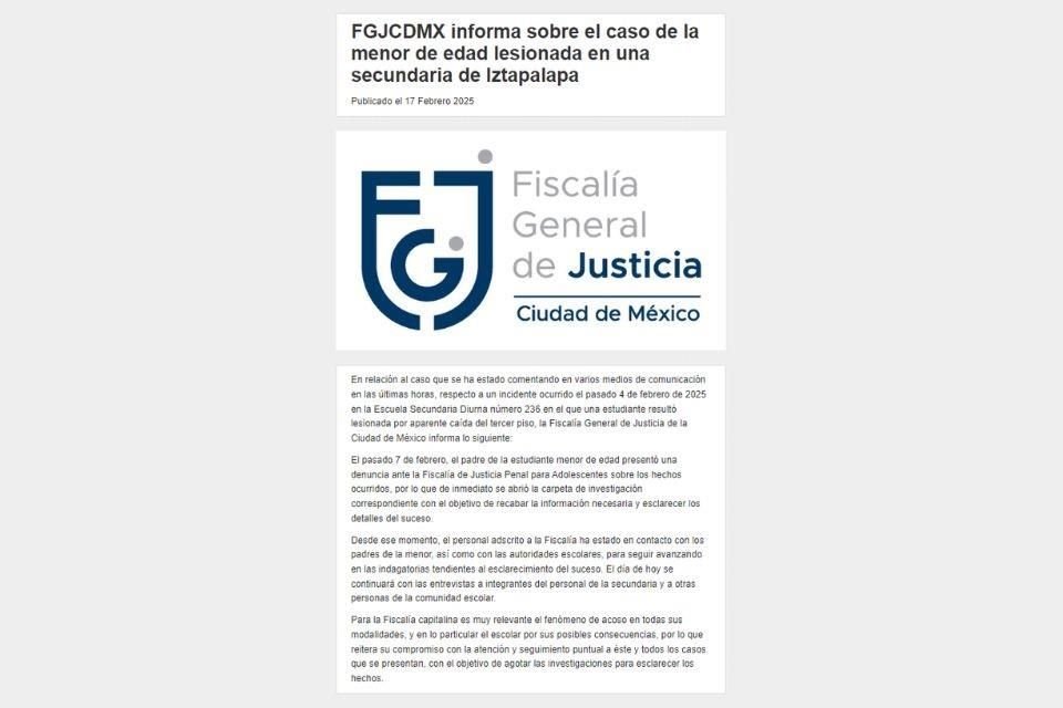 Las entrevistas al personal de la Secundaria 236 continúan para esclarecer el presunto caso de bullying contra Fátima, informó la Fiscalía.