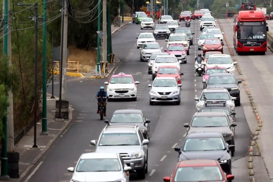 Entre motores. Un ciclista viaja sobre Insurgentes Sur en un 'mar' de autos que no siempre respetan su carril.