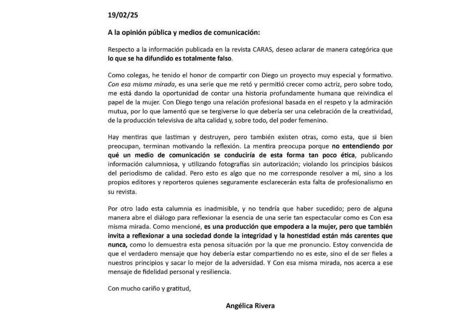 La actriz emitió un comunicado para decir que lo publicado sobre su romance es una 'calumnia inadmisible'; le reviran que este jueves mostrarán más evidencias.