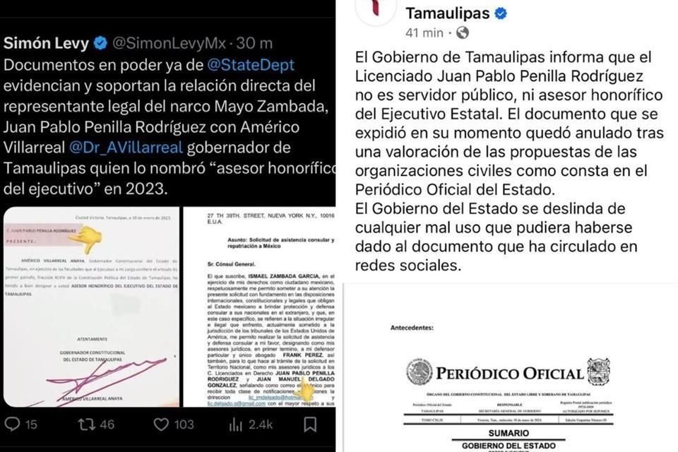 Tamaulipas negó vínculos con Juan Pablo Penilla, asesor de 'El Mayo' Zambada, tras acusaciones de Simón Levy en X.