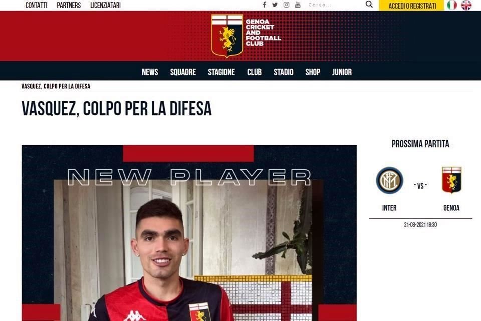 La página web del Genoa colapsó durante unos minutos, tras el anuncio de la contratación de Johan Vásquez.