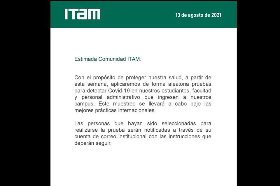 El ITAM decidió aplicar pruebas aleatorias de Covid-19 a estudiantes, personal administrativo y académico que ingresen a la institución.