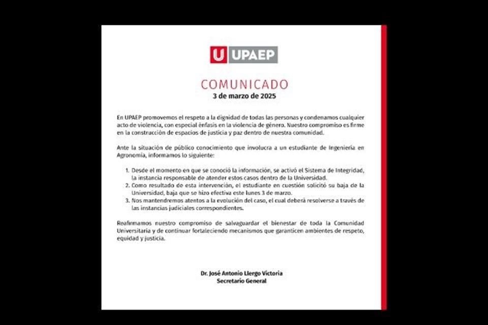 La UPAEP informó que su estudiante denunciado por violencia de género se dio de baja; la institución seguirá el desarrollo del caso.