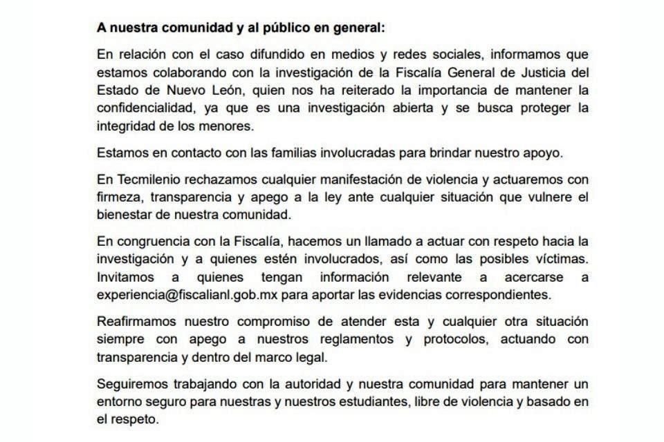 Comunicado del TecMilenio.