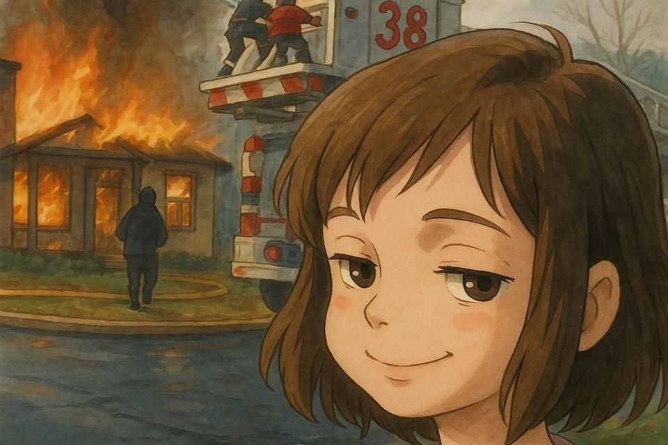 El famoso meme 'Disaster Girl', de una niña de cuatro años volviéndose hacia la cámara con una leve sonrisa mientras un incendio en una casa arde en el fondo fue convertido en estilo Ghibli.