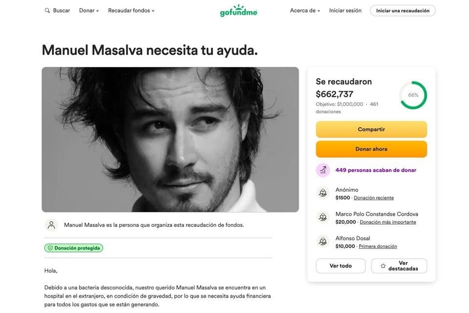 Debido a los gastos médicos, su familia lanzó una campaña en GoFundMe, cuya meta a recaudar es de un millón de pesos; ya reunieron más de 600 mil pesos.