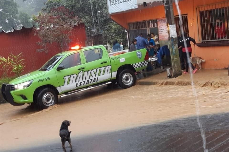 Policía de tránsito ayuda a pobladores de Xalapa a evacuar ante el incremento del agua en las calles.