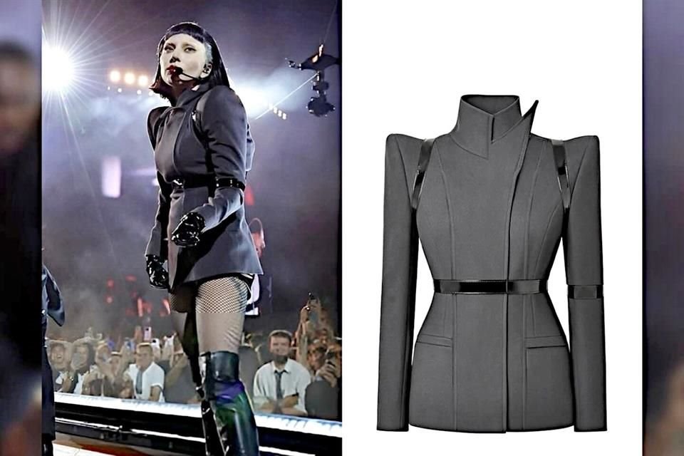 La cantante lució una chaqueta gris de corte militar, de lana italiana y con textura visual limpia y detalles de charol inspirados en arneses.