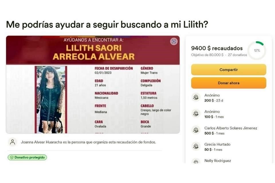 Joanna Alvear busca donativos en la plataforma GoFundMe para buscar a su hija Lilith Arreola Alvear, desaparecida en 2023.