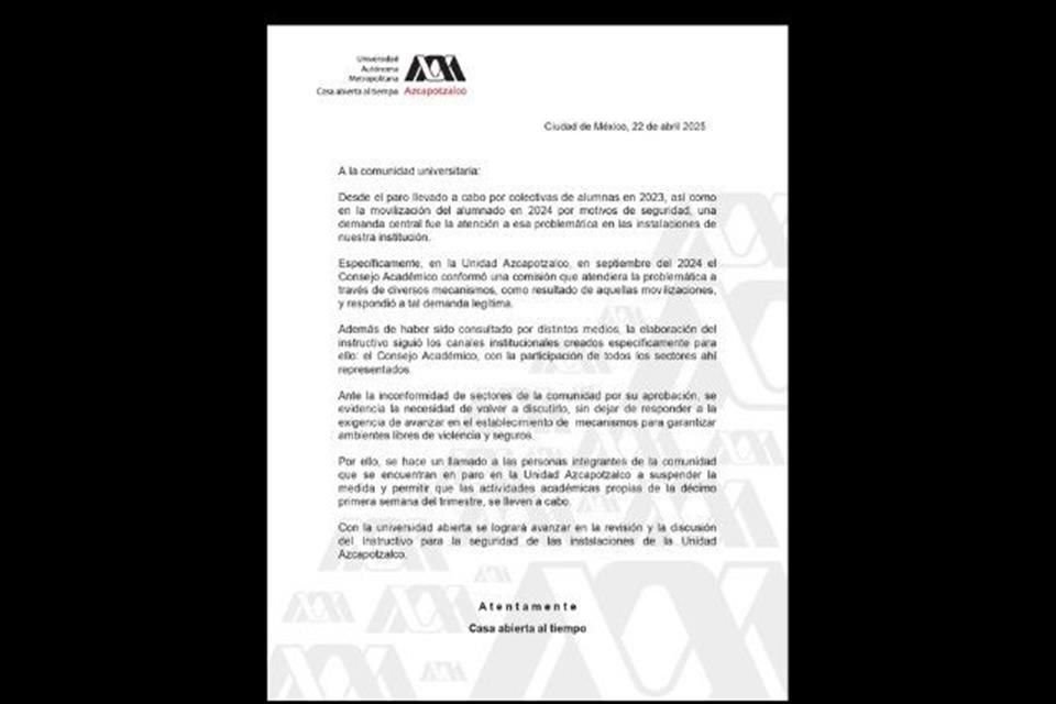 La UAM Azcapotzalco entró en paro estudiantil indefinido como protesta al nuevo Instructivo de Seguridad del centro académico.