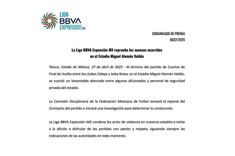 Este es el documento que publicó la Liga de Expansión.
