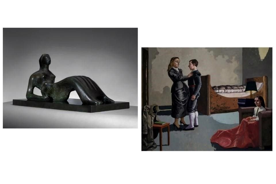 Rzeźba „Model roboczy postaci leżącej: spódnica z kości (1977-1979)” Henry’ego Moore’a i obraz „Matka chrzestna torreadora (1990-1991)” artystki Pauli Rego.