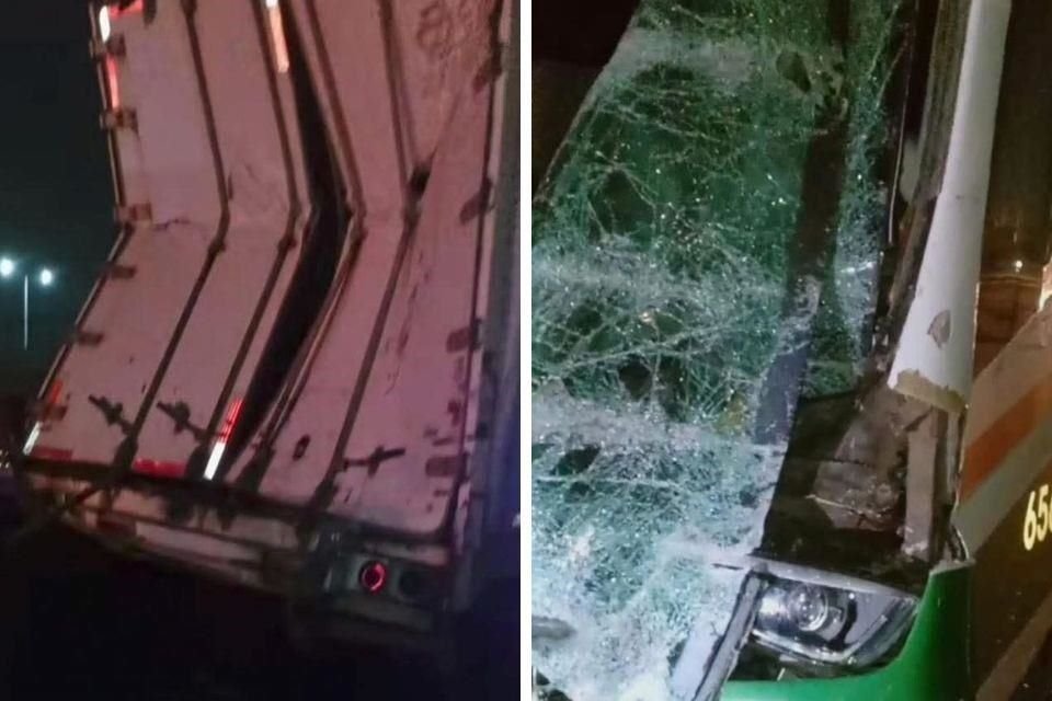 El operador de autobús no advirtió la presencia del tráiler que estaba estacionado sobre el acotamiento y terminó impactando en la caja del vehículo de carga.
