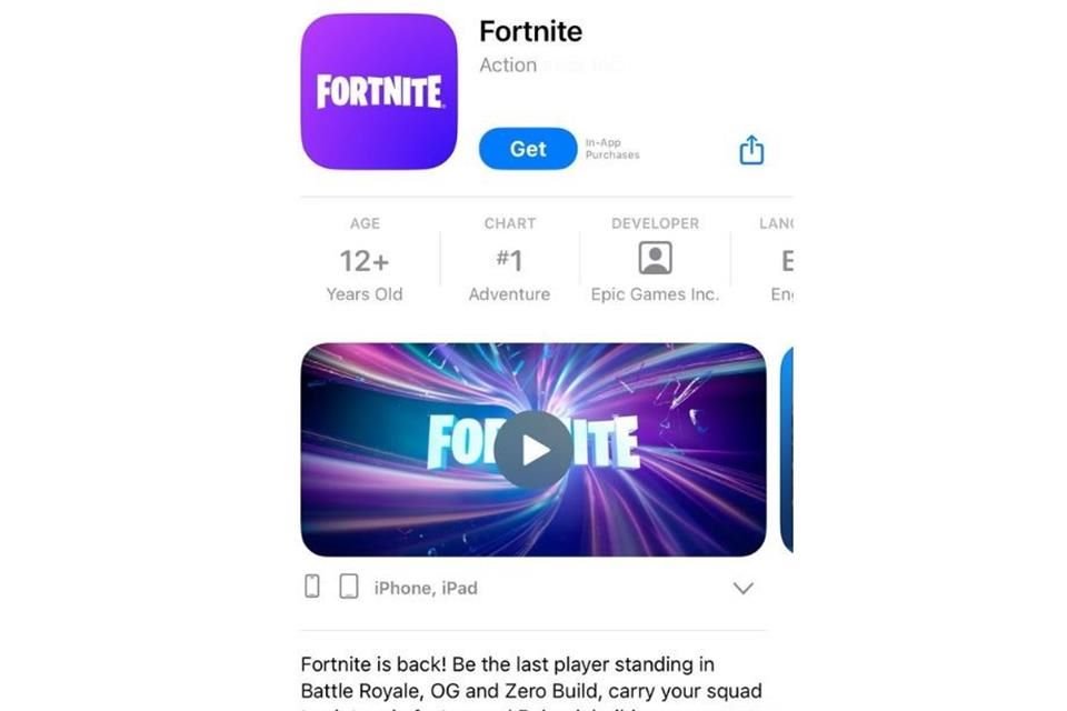 Captura de la App Store desde un iPhone en Estados Unidos. El videojuego 'Fortnite', desarrollado por Epic Games, aparece disponible para descargar.