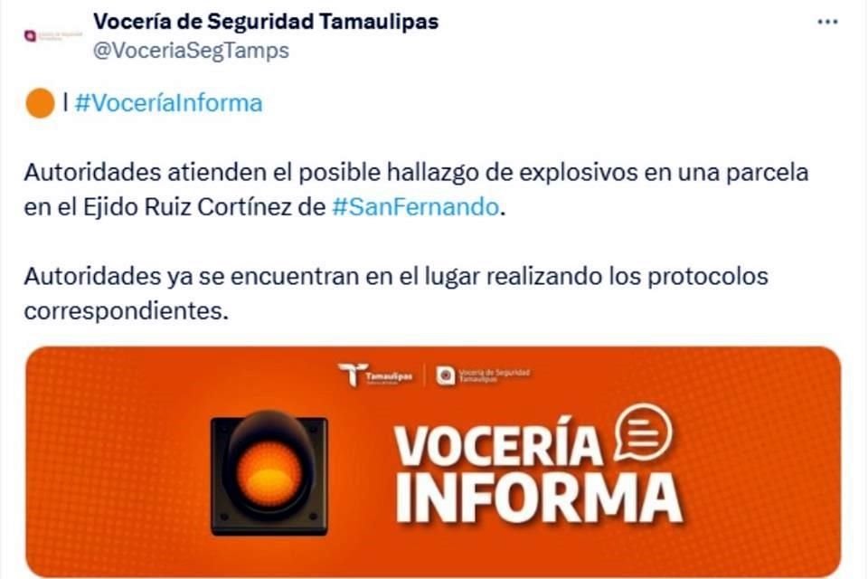 En un primer reporte, la Vocería de Seguridad de Tamaulipas informó que autoridades atendieron el posible hallazgo de explosivos en la zona rural del municipio.