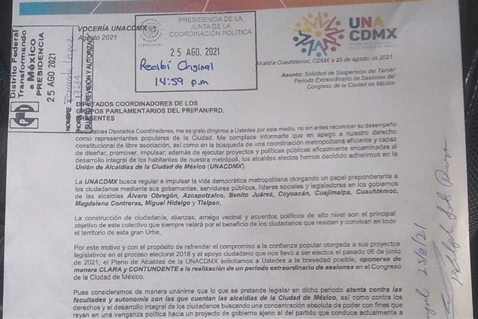 La Unión de Alcaldías pidió al @Congreso_CdMex suspender el tercer periodo extraordinario de sesiones, pues considera que se pretende atentar contra las facultades de autonomía de las demarcaciones.