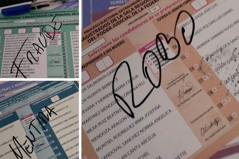 Un votante en puebla marcó sus boletas con las palabras 'Fraude', 'Mentira' y 'Robo'. En otras dirigió insultos al ex Presidente López Obrador y la Presidenta Claudia Sheinbaum.