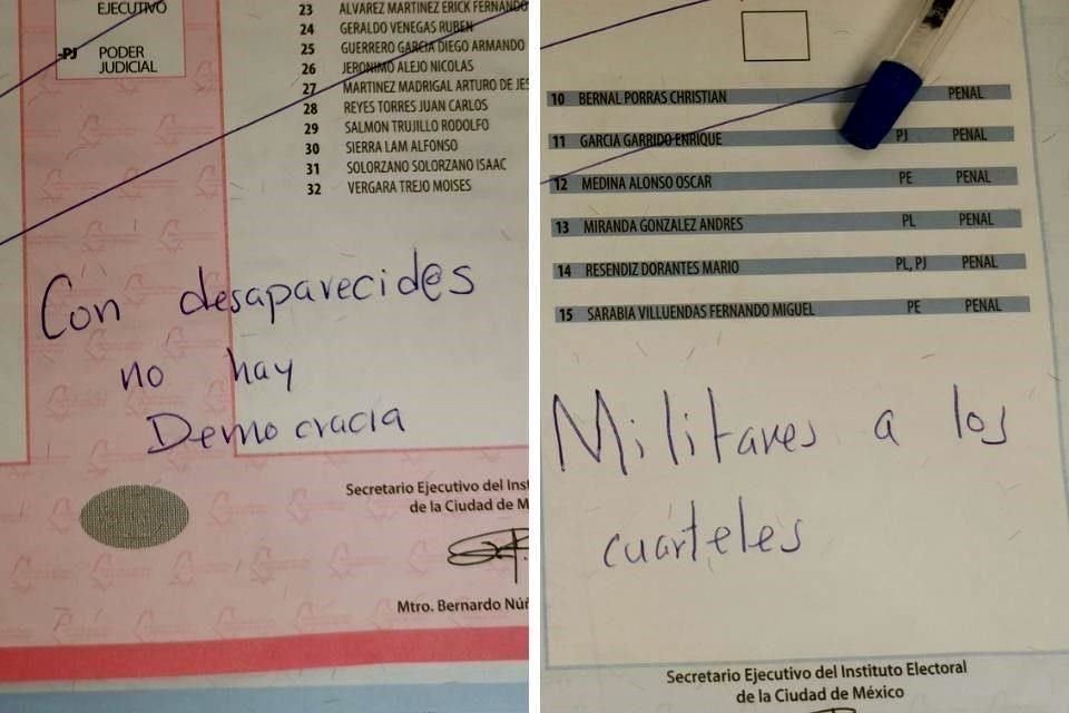 Un usuario de la Ciudad de México escribió en sus papeletas que 'con desaparecidos no hay democracia' y 'Militares a los cuarteles'.