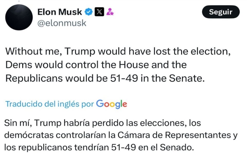 'Sin mí, Trump habría perdido las elecciones, los demócratas controlarían la Cámara de Representantes y los republicanos tendrían 51-49 en el Senado', publicó Musk en X. 