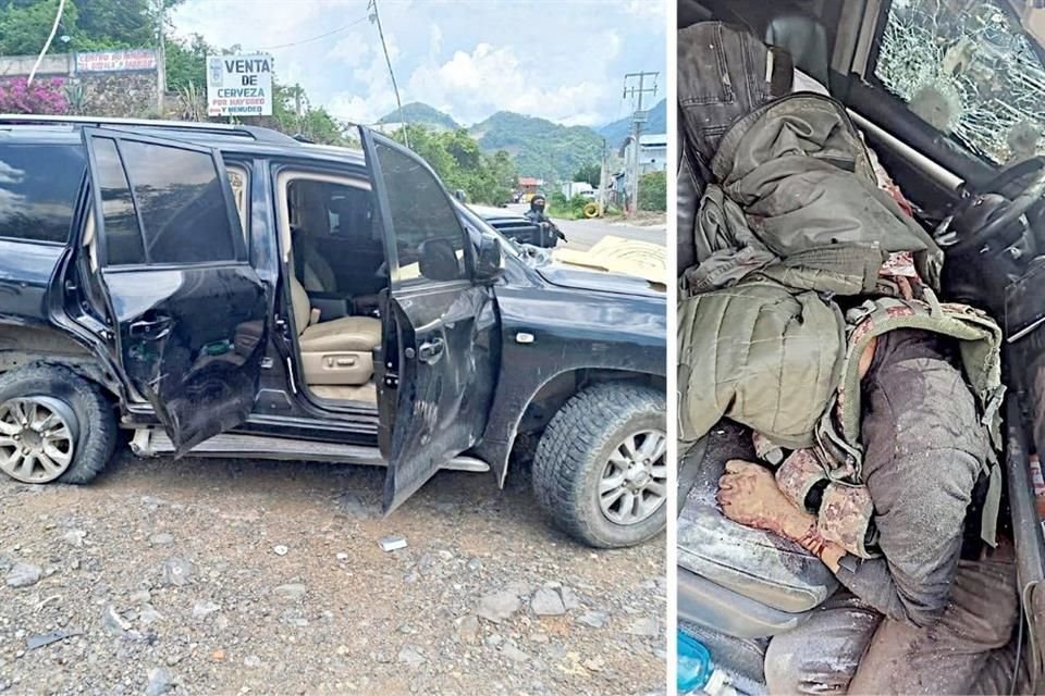  Una de las camionetas aseguradas y dos de los cuatro sicarios abatidos por policías de Chiapas.