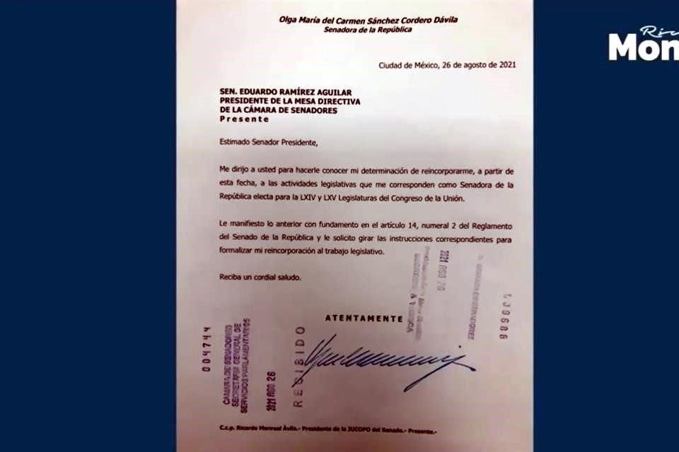 Solicitud de reincorporación de Olga Sánchez Cordero.