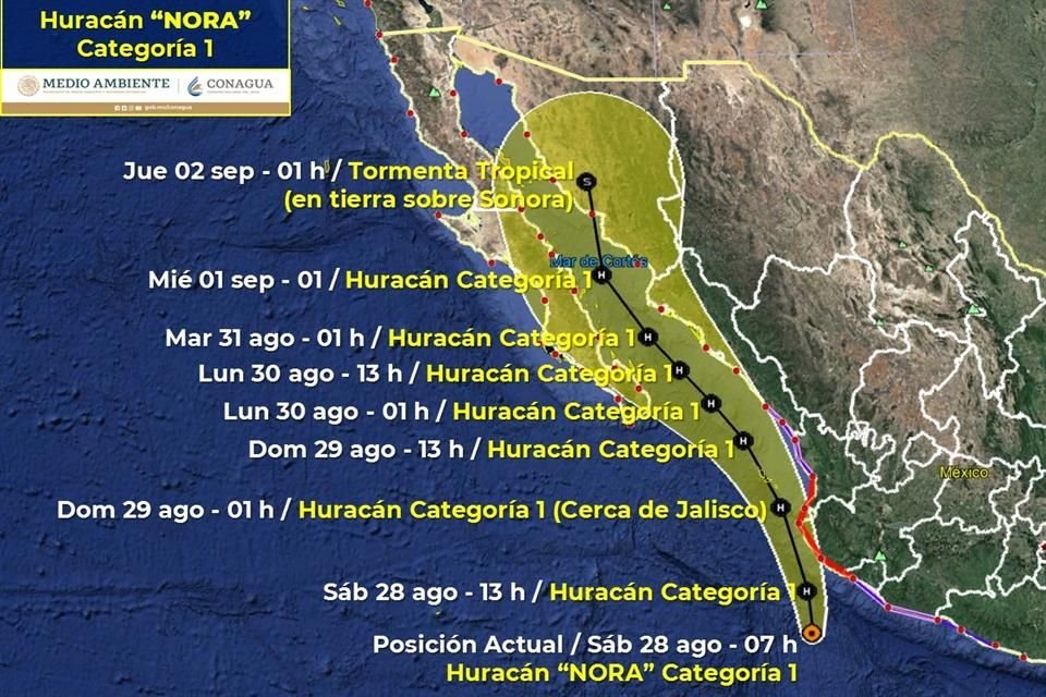 Conagua pronostica que 'Nora' toque tierra el jueves en Sonora como tormenta tropical.