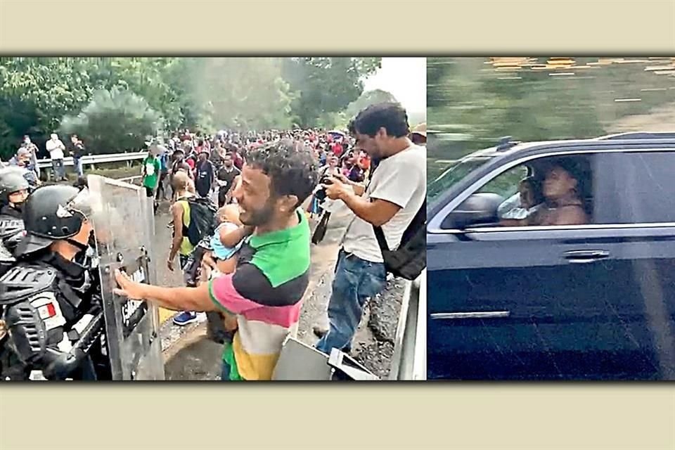 Mientras elementos de la Guardia Nacional intentaban frenar a caravana migrante en vía de Chiapas, AMLO pasó por el sitio sin detenerse.