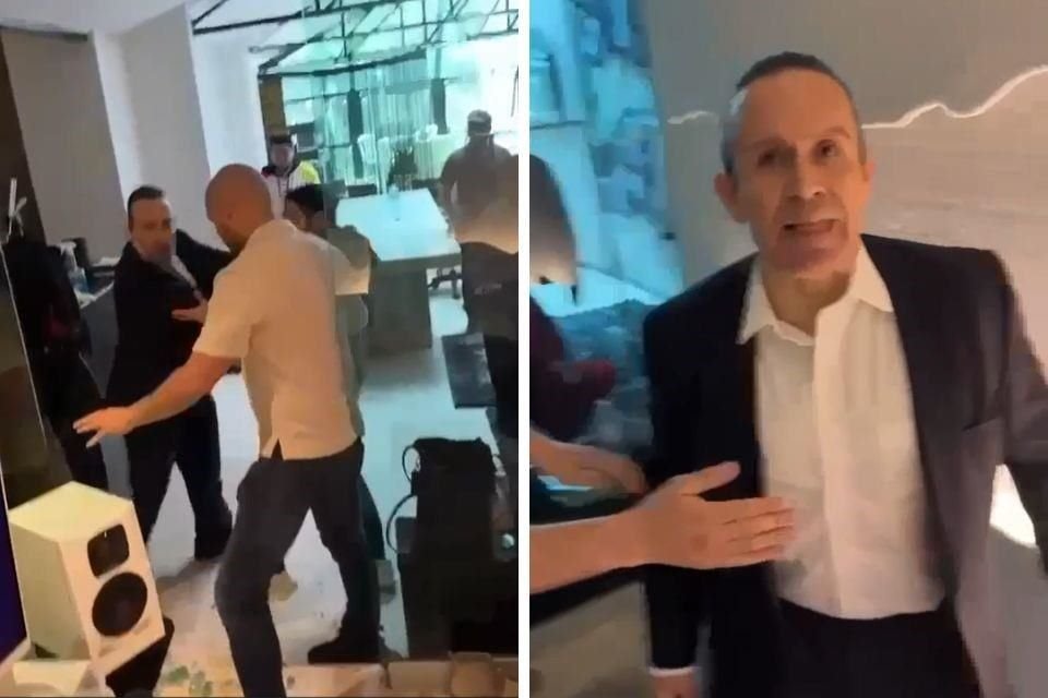 En el video, expresa a la mujer en forma retadora y luego la agrede verbalmente, mientras ella parece estar subida en lo alto de un lugar.