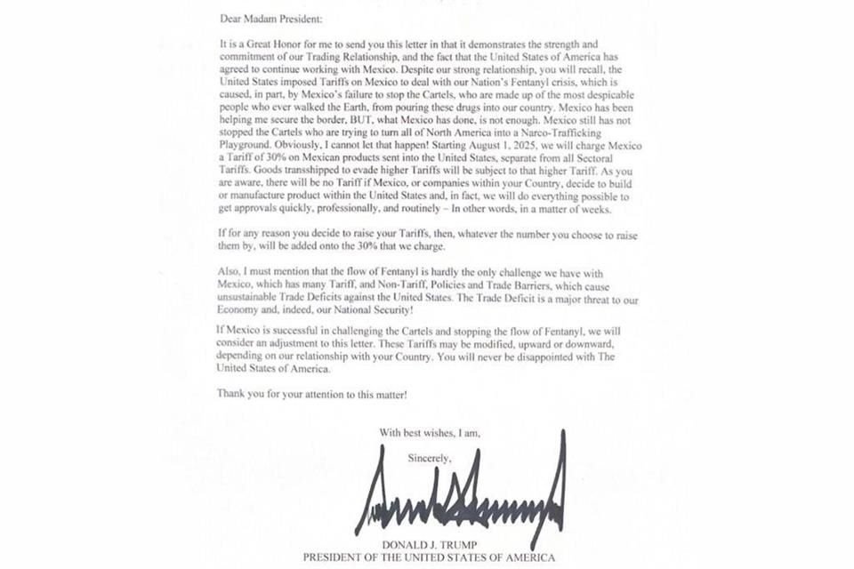 En carta a Sheinbaum, Trump anunció tarifas de 30% a México que entrarán en vigor el 1 de agosto; dijo que el País no ha frenado a cárteles.