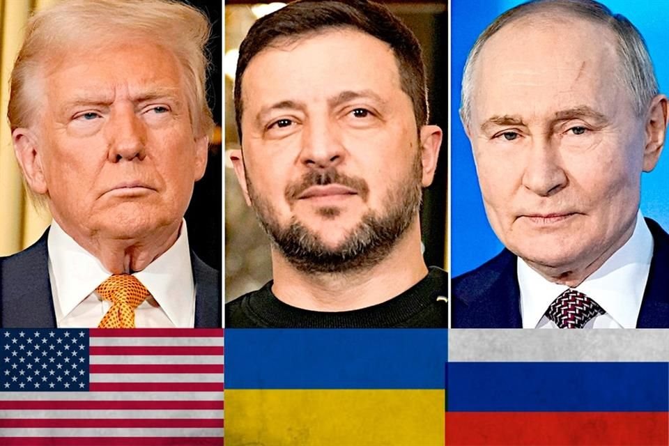 Presidentes de EU, Donald Trump; de Ucrania, Volodymyr Zelensky, y de Rusia, Vladimir Putin.