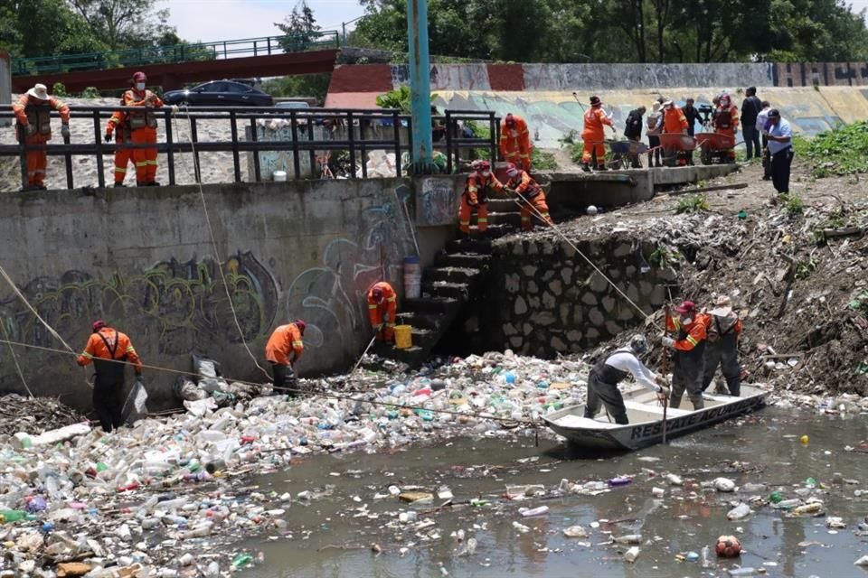 Con lanchas, la cuadrilla navega entre residuos, hallando plásticos y restos de animales.
