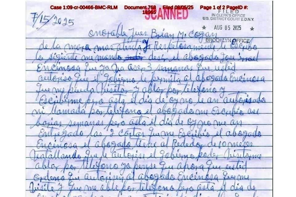 Esta es la carta que 'El Chapo' Guzmán envió al Juez Brian Cogan, solictando su intervención.