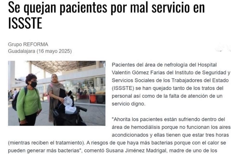 En Mayo, en Jalisco, pacientes reclamaron también por fallas en los servicios de hemodiálisis en el ISSSTE.