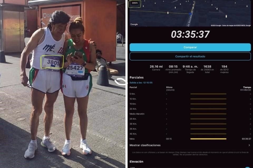 A pesar de que se prohíbe que alguien participe con el número de otra persona, el hombre de la izquierda corrió a nombre de Rosa Elena Bravo y sólo lo hizo en los últimos metros.