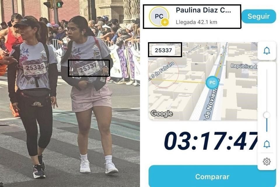Paulina Díaz, quien tiene el número 25337, no tiene registrado ninguno de los tiempos parciales que se contemplan cada cinco kilómetros.