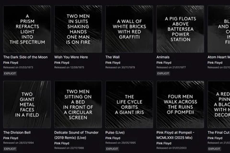 Pink Floyd sorprendió esta semana a sus fans que escuchan su música en plataformas al eliminar todas las portadas de sus discos y reemplazarlas por definiciones textuales de cada concepto gráfico.