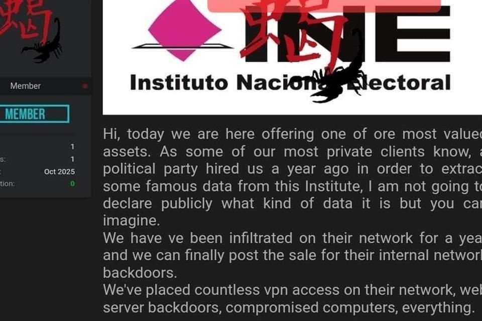 El INE enfrenta una posible vulneración de seguridad, ya que sus servidores internos habrían sido atacados por el grupo hacker 'Sc0rp10n'.