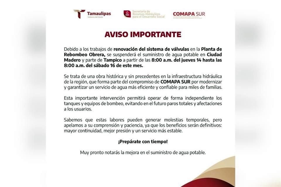 La dependencia explicó que la intervención permitirá operar de forma independiente los tanques y equipos de bombeo.