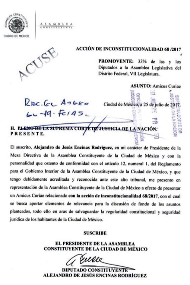 Recurso de Amicus Curiae -amigos de la Corte- que Encinas entregó para apoyar la impugnación tramitada por Morena y otros diputados en contra del Código Electoral local.