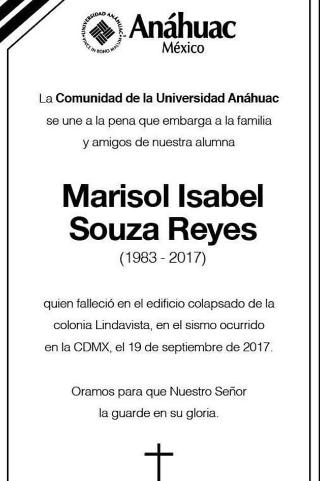 Marisol Isabel Souza Reyes, alumna de posgrado, falleció al derrumbarse el edificio que habitaba en Lindavista.
