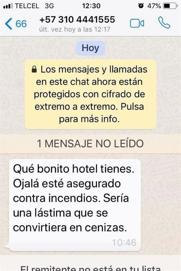 Por la noche, el abanderado difundió en redes sociales una captura de pantalla de una conversación que llegó a través de su WhatsApp, con la advertencia de dañar su hotel en San Pedro Cholula.