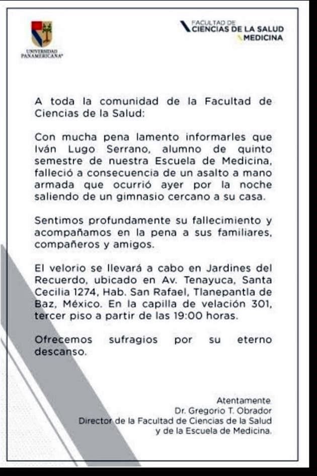 Gregorio T. Obrador, director de la Facultad de Ciencias de la Salud, informó sobre la muerte de Iván Lugo Serrano, alumno de Medicina.