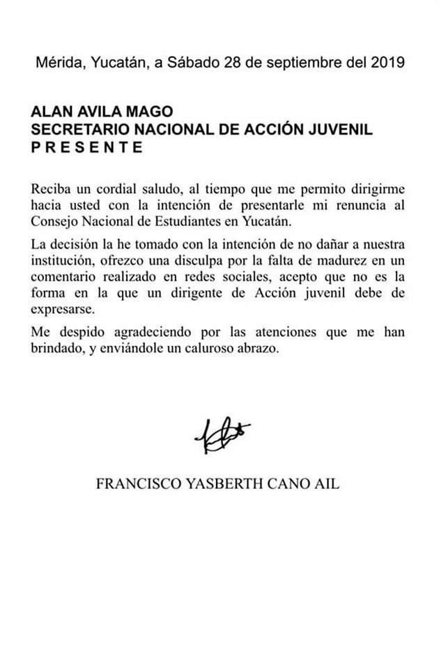 Carta de renuncia de Francisco Cano Ai.